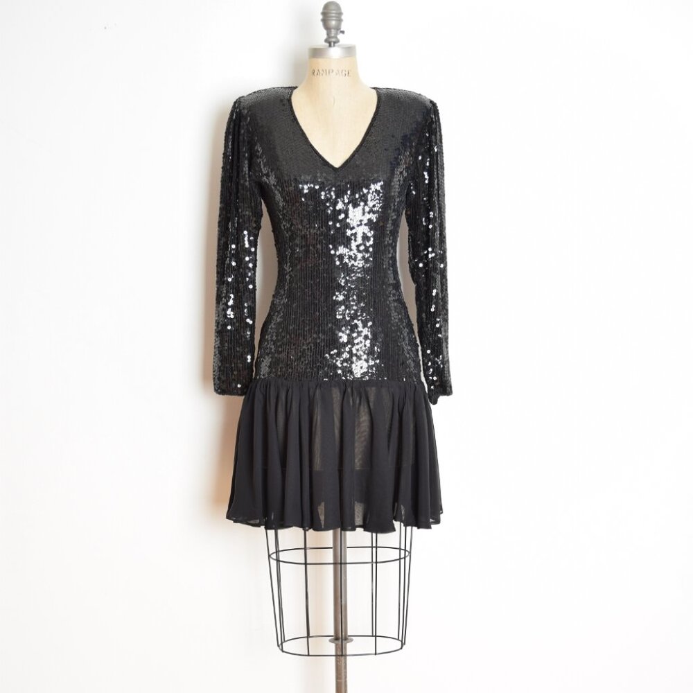 vintage 80s dress black sequin sheer chiffon drop waist prom party cocktail S